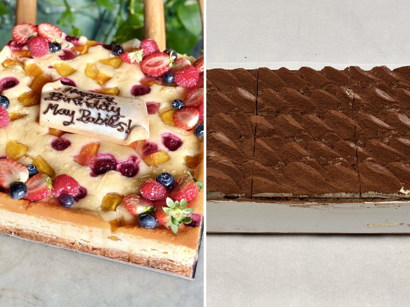 Le 76 wholesale slab cakes, a fruit topped slab and a tiramisu brownie slab