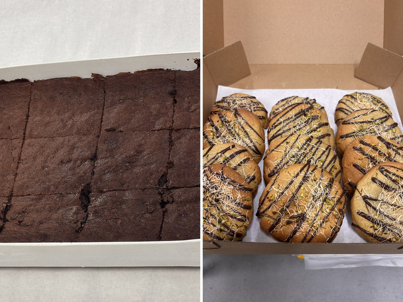 Le 76 wholesale cookies and brownies, a chocolate brownie slab and Dubai pistachio cookies