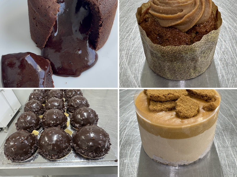 Le 76 speciality cakes for wholesale, Belgian chocolate lava cake, sticky date, rocher domes and Biscoff cheesecake