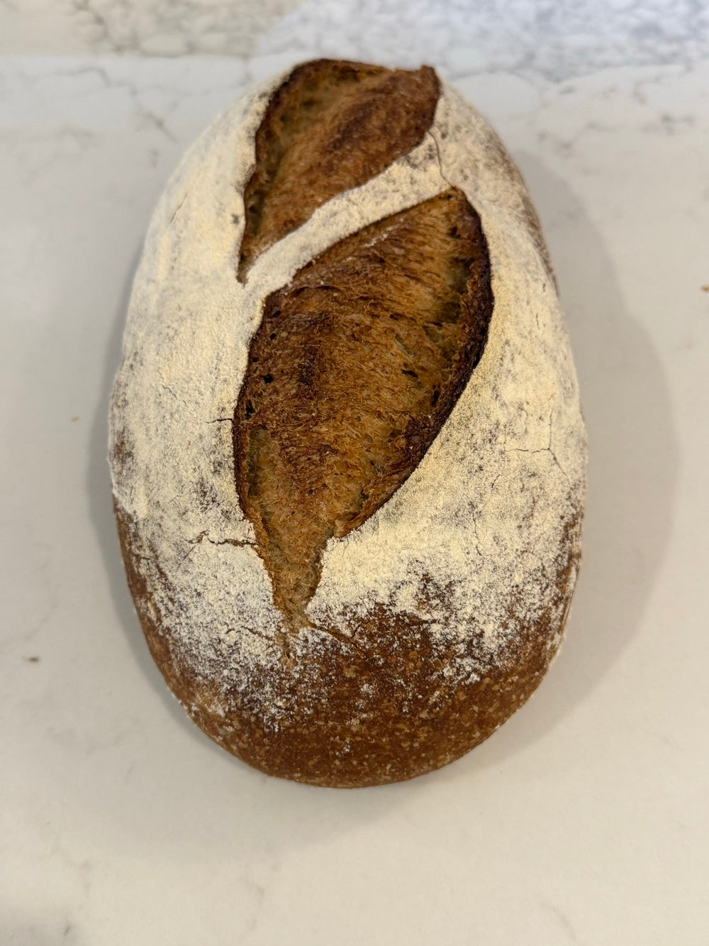 A Le 76 wholemeal sourdough loaf, dusted with flour and scored down the length